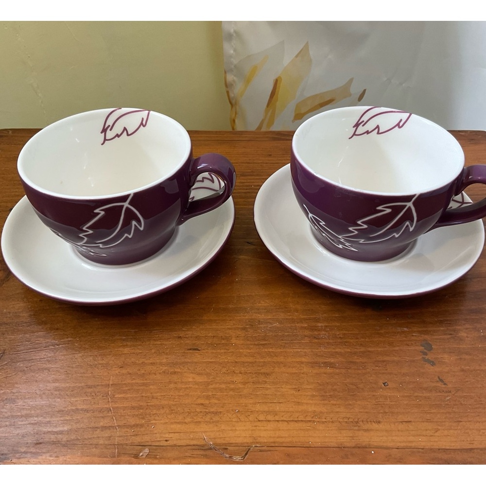 Starbucks 2 Sets Dark Purple Leaf Cups & Saucers 2007